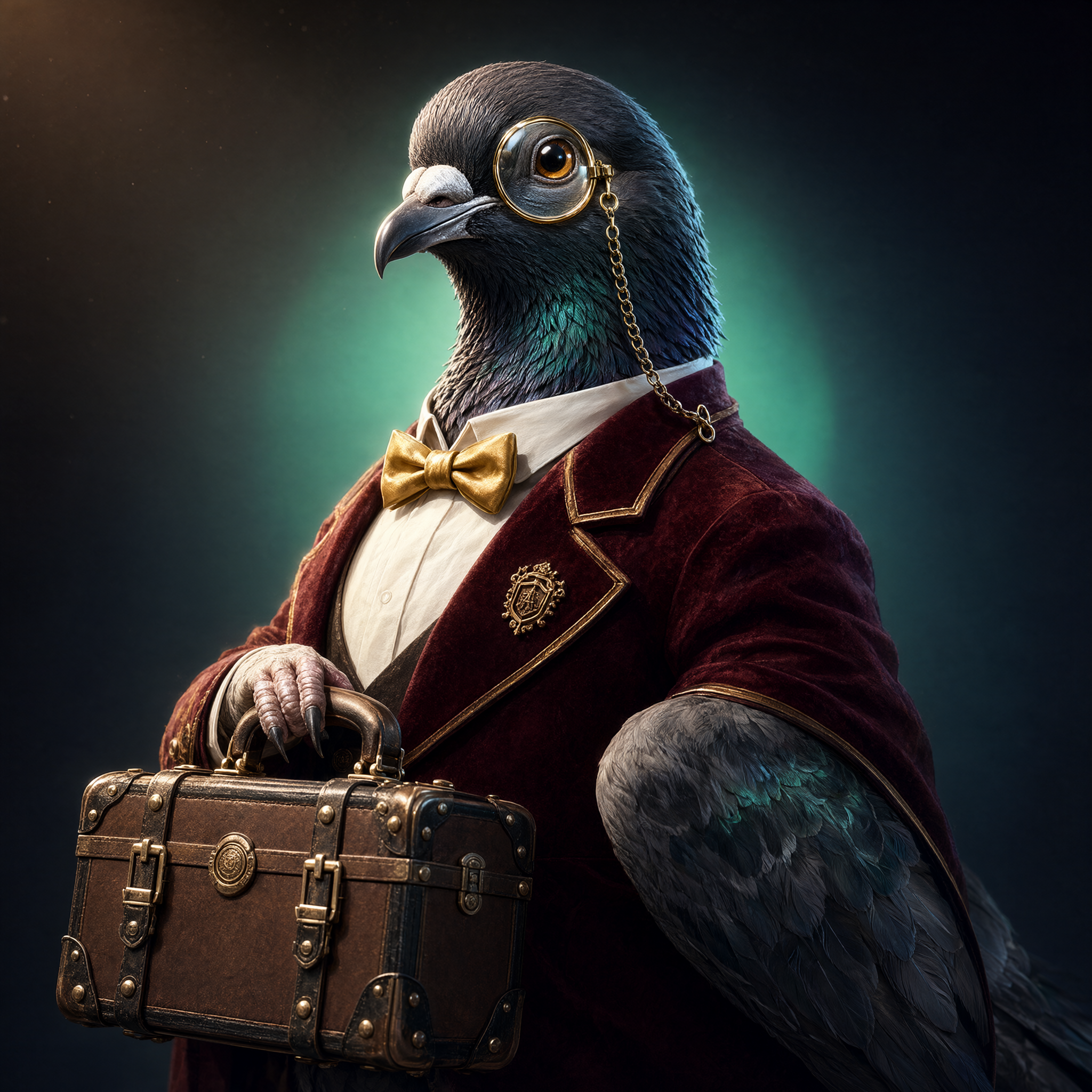 Pompous pigeon butler with crypto luggage